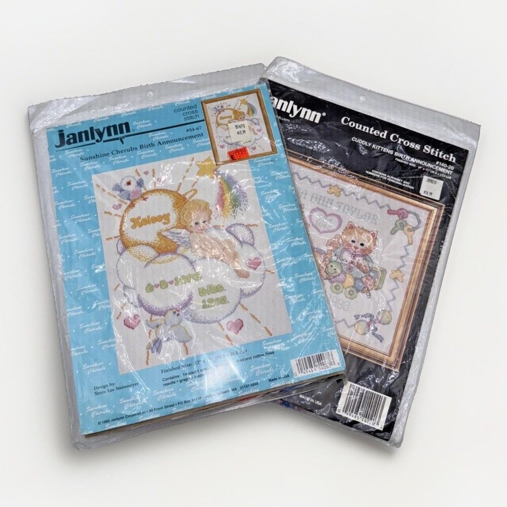 Lot of 2 Janlynn Counted Cross Stitch Kits Baby Birth Announcement Cherub Cat